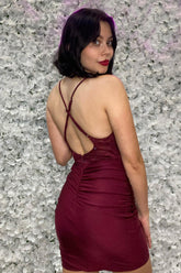 Misshow Sparkly Beaded Burgundy Spaghetti Straps Tight Short Homecoming Dress/Mini Dress